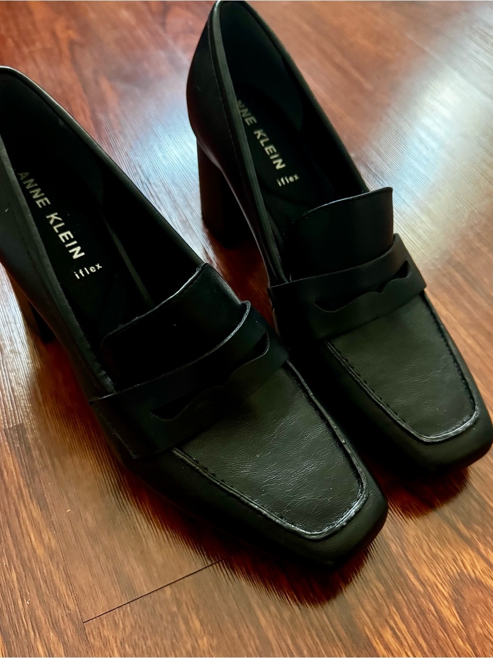 Anne Klein Black Leather Heeled Penny Loafers